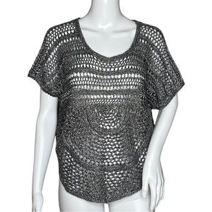 Mudd Open Knit Sweater Gray Silver Threading Medallion Knit Short‎ Sleeve
